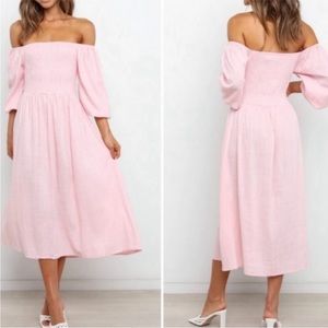 Petal & Pup Smocked off Shoulder Dress NWT Sz US 6 Pastel Pink Linen Blend Midi